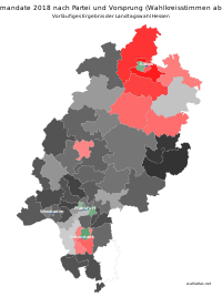 CDU (40): schwarz, SPD (10): rot, Grüne (5): grün (je heller desto geringer der Vorsprung)