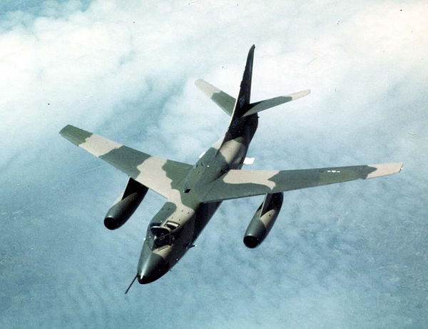 A Douglas EB-66E Destroyer in flight. Aircraft of the 355th Tactical Fighter Wing, 41st or 42nd TEWS based at Takhli Royal Thai Air Force Base over So