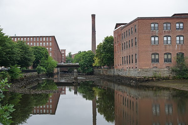 Cochecho River with repurposed mill buildings, from Henry Law Park