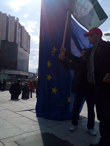 European flag in Bulgaria torn down by supporters of the Eurosceptic party Attack