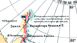 Section of the 1913 Arctic Ocean Hydrographic Expedition map showing incompletely charted Emperor Nicholas II Land —with an undefined western coast. The Russian flag stands on the Cape Berg area.