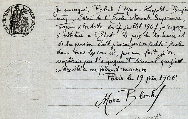 Bloch's official engagement papers for the l'École Normale Supérieure in 1908 for a 10-year period