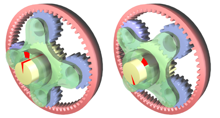 Epicyclic gearing is used here to apportion torque asymmetrically. The input shaft is the green hollow one, the yellow is the low torque output, and the pink is the high torque output. The force applied in the yellow and the pink gears is the same, but since the arm of the pink one is 2× to 3× as big, the torque will be 2× to 3× as high.