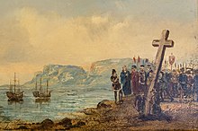 Portuguese explorer Bartolomeu Dias planting the cross at Cape Point after being the first to successfully round the Cape of Good Hope. F. Benda-The planting of cross by Bartholomew Dias in 1488-0681 (cropped).jpg