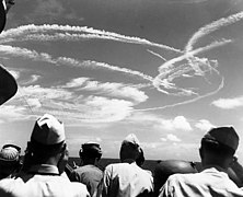 Fighter plane contrails in the sky during the Battle of the Philippine Sea on 19 June 1944