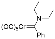 Example Fisher carbene with tungsten(0) centre and diethylamine donor. Fisher Carbene 2.png