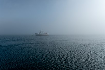 Fishing boat in a foggy morning, Lubec, Maine, US