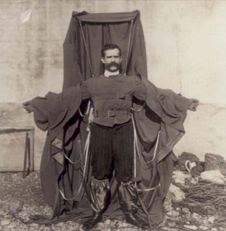 Franz Reichelt (d. 1912) jumped off the Eiffel Tower expecting this contraption to act as a parachute. Flying tailor.png