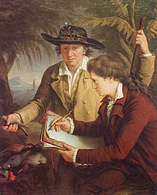 Johann Reinhold Forster with his son Georg Forster (1780) in frocks in Tahiti, by John Francis Rigaud (1742-1810). Forsterundsohn.jpg