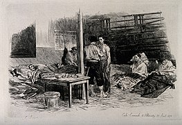 Blessés de la Guerre de 1870 à VIllemontry, dessin de Auguste André Lançon.