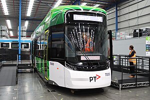 Front of G-class tram mockup at Alstom warehouse in Melbourne, Tullamarine (53413010003).jpg