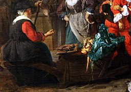 Gabriel Metsu - Le marché aux herbes (detalhe a mulher do mercado sentada em seu carrinho de mão com nabo, cenoura e repolho) .jpg