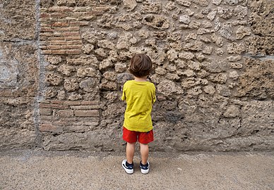 Gabriel examining a wall at the Archaeological Park of Pompeii, Italy