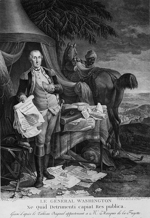A French engraving, circa 1780, showing General Washington holding the Declaration of Independence. The black man with the horse is not identified but