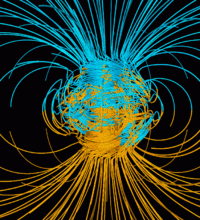 A computer simulation of the Earth's magnetic field. The lines represent magnetic field lines, blue when the field points towards the center and yellow when away. Geodynamo Between Reversals.gif