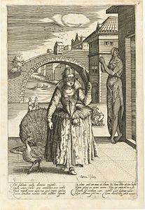 Elegant Lady with Peacock label QS:Len,"Elegant Lady with Peacock" label QS:Lpl,"Elegancka dama z pawiem" label QS:Lnl,"Elegante dame met pauw" 1588-1602. engraving. 23 × 15.5 cm (9 × 6.1 in). Amsterdam, Rijksmuseum Amsterdam.