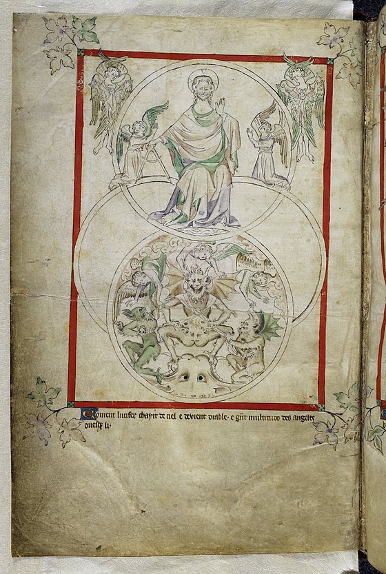 God and Lucifer - The Queen Mary Psalter (1310-1320), f.1v - BL Royal MS 2 B VII