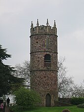 The tower at Goldney Hall. A folly, it is an extravagant example of an engine house for a water well beam engine. Goldney Hall tower showing beam window.jpg