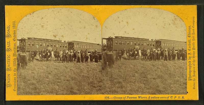 File:Group of Pawnee warrs. (warriors) & palace cars of U.P.R.R, by Carbutt, John, 1832-1905.jpg