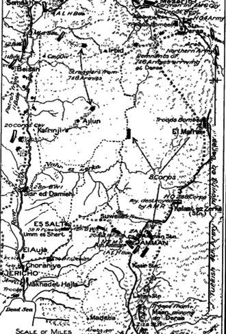 Gullett's Map 43 shows the area from Ziza and Jericho to Semakh and Deraa, with positions of the 4th Light Horse Brigade at Samakh, the 4th Cavalry Division and retiring Ottoman forces, the Ottoman Fourth Army headquarters at Deraa, and Chaytor's Force at Amman on 25 September Gullett Map43Chaytor'sForce.png