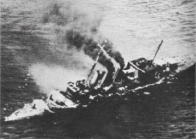 HMS Cornwall burning and sinking on 5 April 1942