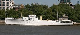 The Grimsby-class HMS Wellington. Launched in 1934, the vessel is now berthed on the Thames HQS-Wellington-Crossthames.jpg