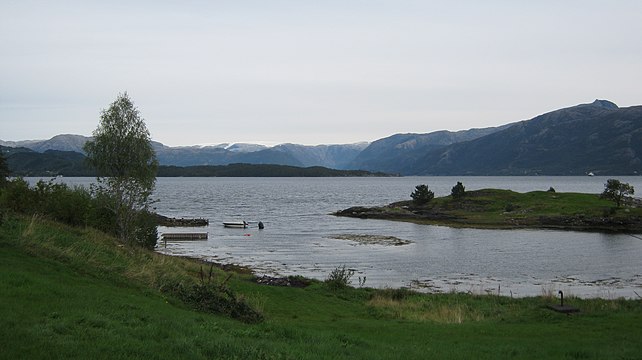 View from Gjermundshamn across the Hardangerfjord, with Varaldsøy island and Folgefonna glacier