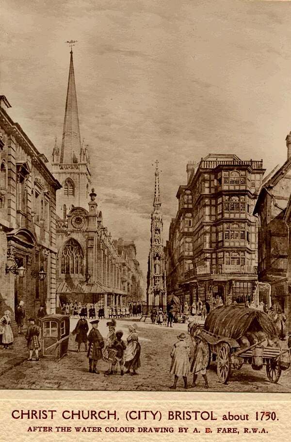 Black and white sketch from c1900 depicting 1704-1733 period, looking east from Corn Street to Wine Street, Bristol. The church tower visible is that 