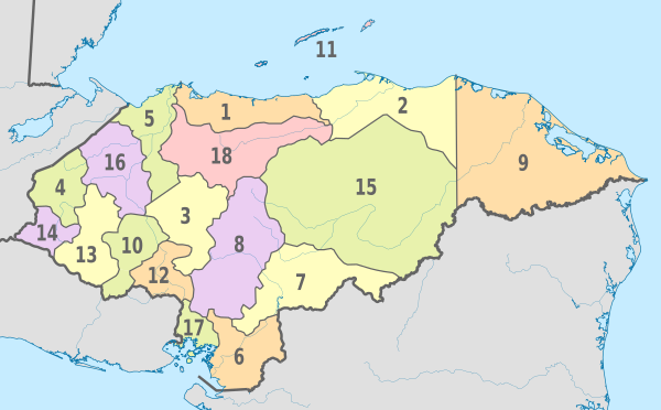 Honduras, administrative divisions - Nmbrs (department code) - colored.svg