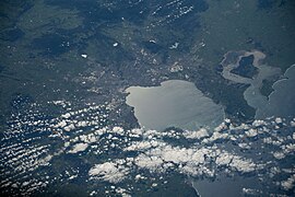 Satellite imagery of Melbourne on Port Philip Bay, pictured from the International Space Station, 2019.