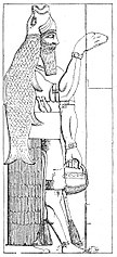 Image 43Monumental stone relief of a fish-garbed figure from the Temple of Ninurta in the Assyrian city of Kalhu, believed by some experts to be a representation of an āšipu, or exorcist-priest, who functioned as a kind of healer and primitive doctor (from History of medicine)