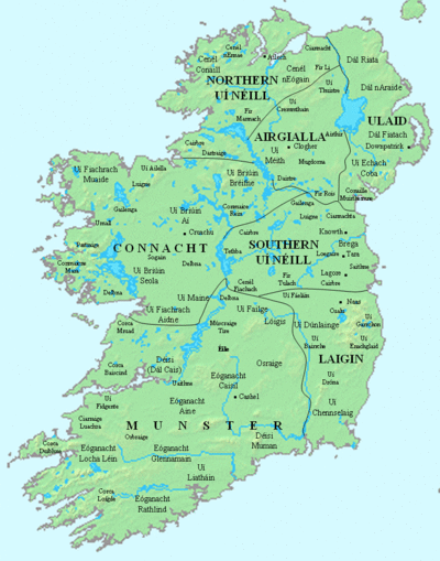 Map of Ireland with tribes, AD 800; the Uí Fiachrach Aidhne are circled.