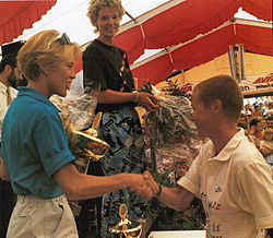 Bonnie Barton, Rita Keitmann and Heidi Nielsen (from left to right) at Ironman Europe, 1988