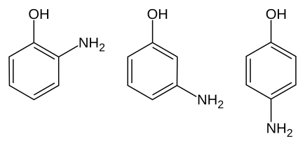 The three aminophenol isomers:
Left: 2-Aminophenol (o-aminophenol)
Center: 3-Aminophenol (m-aminophenol)
Right: 4-Aminophenol (p-aminophenol) Isomers of aminophenol.svg