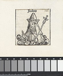 Jaddua depicted from Hartmann Schedel's Nuremberg Chronicles (1493) Jaddua Jadus (titel op object) Liber Chronicarum (serietitel), RP-P-2016-49-24-13.jpg