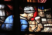 English: Detail of the stained-glass window number 28c in the Sint Janskerk at Gouda, Netherlands: "The rebuilding of the temple"