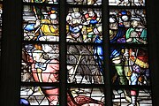 English: Detail of the stained-glass window number 8 in the Sint Janskerk at Gouda, Netherlands: "The punishment of Heliodorus"