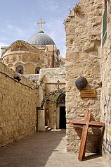 The Church of the Holy Sepulchre is a sacred site for Christians, who believe that it is the place where Jesus was crucified and resurrected and that his tomb is located there. Jerusalem Holy Sepulchre BW 22.JPG