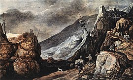 Large landscape painting. Slant view, gloomy sky. A citadel sits on top of a rocky cliff in the background on the upper right corner. A group of travelling people are descending from the mountain trail. In the background, barely seen, there is the New Testament scene of the Temptation of Christ. A donkey tilts its head towards it, while a dog is pointing to the two figures. The men keep on marching untroubled down the mountain path.