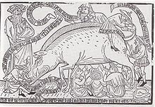 Woodcut from Kupferstichkabinet, Munich, c. 1470, showing a Judensau. The Jews (identified by the Judenhut) are suckling from a pig and eating its excrement. The banderoles display rhymes mocking the Jews. Judensau Blockbuch.jpg