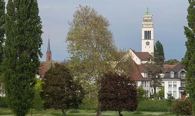 Kehl, two churches (Sankt-Nepomukkirche and Friedenskirche) from the bridge (Brücke der Zwei Ufer)