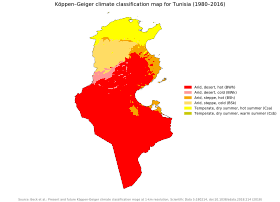 Koppen climate classification in Tunisia. The climate is Mediterranean towards the coast in the north, while most of the country is desert. Koppen-Geiger Map TUN present.svg
