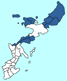 Kaart van Okinawa met het district Kunigami gemarkeerd