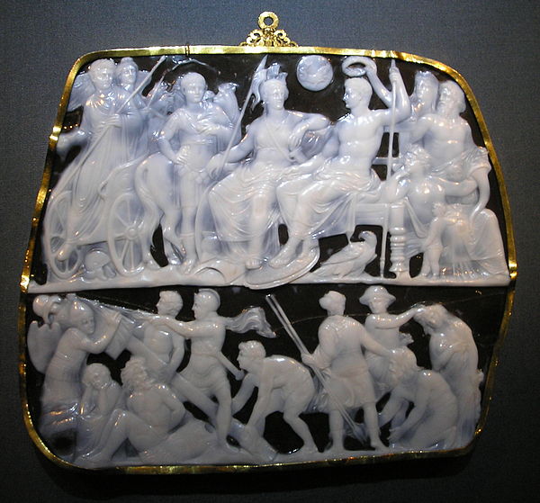 The Gemma Augustea is a Roman cameo produced 9–12 AD and carved in a two-layered onyx gem (19 × 23 cm)