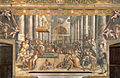 Antigua Basílica de San Pedro, con la pérgola de columnas salomónicas en el centro, de la Donación de Constantino, del taller de Rafael, ca. 1520