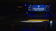 New scoreboard prior to Merrimack vs Vermont Men's Hockey game. The first game post-renovation and grand opening of the Gallant Pavillion in October 2023 Lawler Arena Scoreboard.jpg