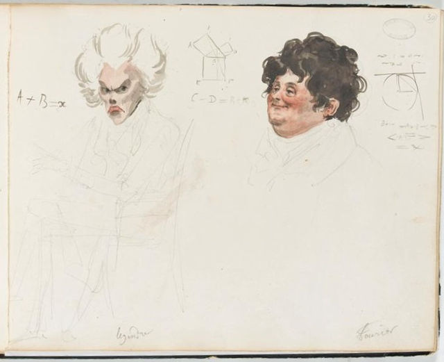 1820 watercolor caricatures of the French mathematicians Adrien-Marie Legendre (left) and Joseph Fourier (right) by French artist Julien-Léopold Boill