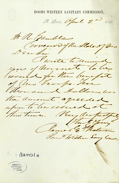 File:Letter signed James E. Yeatman, Rooms Western Sanitary Commission, St. Louis, to H.R. Gamble, Governor of the State of Mo., April 2, 1863.jpg