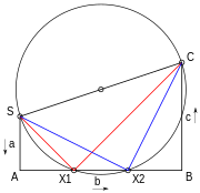 Gambar 6. Solusi geometris eh x kuadrat ditambah b x ditambah c = 0 menggunakan metode Lill. Konstruksi geometrisnya adalah sebagai berikut: Gambarlah sebuah trapesium S Eh B C. Garis S Eh dengan panjang eh adalah sisi kiri vertikal dari trapesium. Garis Eh B dengan panjang b adalah alas trapesium secara horizontal. Garis B C panjang c adalah sisi kanan vertikal trapesium. Garis C S melengkapi trapesium. Dari titik tengah garis C S, gambarlah sebuah lingkaran yang melewati titik C dan S. Tergantung pada panjang relatif dari eh, b, dan c, lingkaran tersebut bisa atau tidak memotong garis Eh B. Jika ya, maka persamaan tersebut memiliki solusi. Jika kita sebut titik potong X 1 dan X 2, maka kedua penyelesaian diberikan oleh negatif Eh X 1 dibagi S Eh, dan negatif Eh X 2 dibagi S Eh.