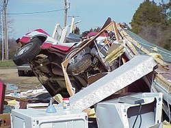 Destroyed mobile home in Arkansas from a tornado that occurred on February 24. Lonoke tornado damage.jpg